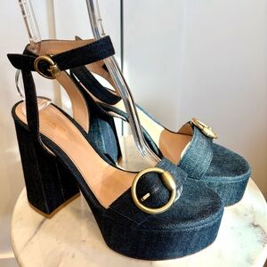 Gianvito Rossi Navy Blue Denim Zandra Platform Sandals Size 38.5
